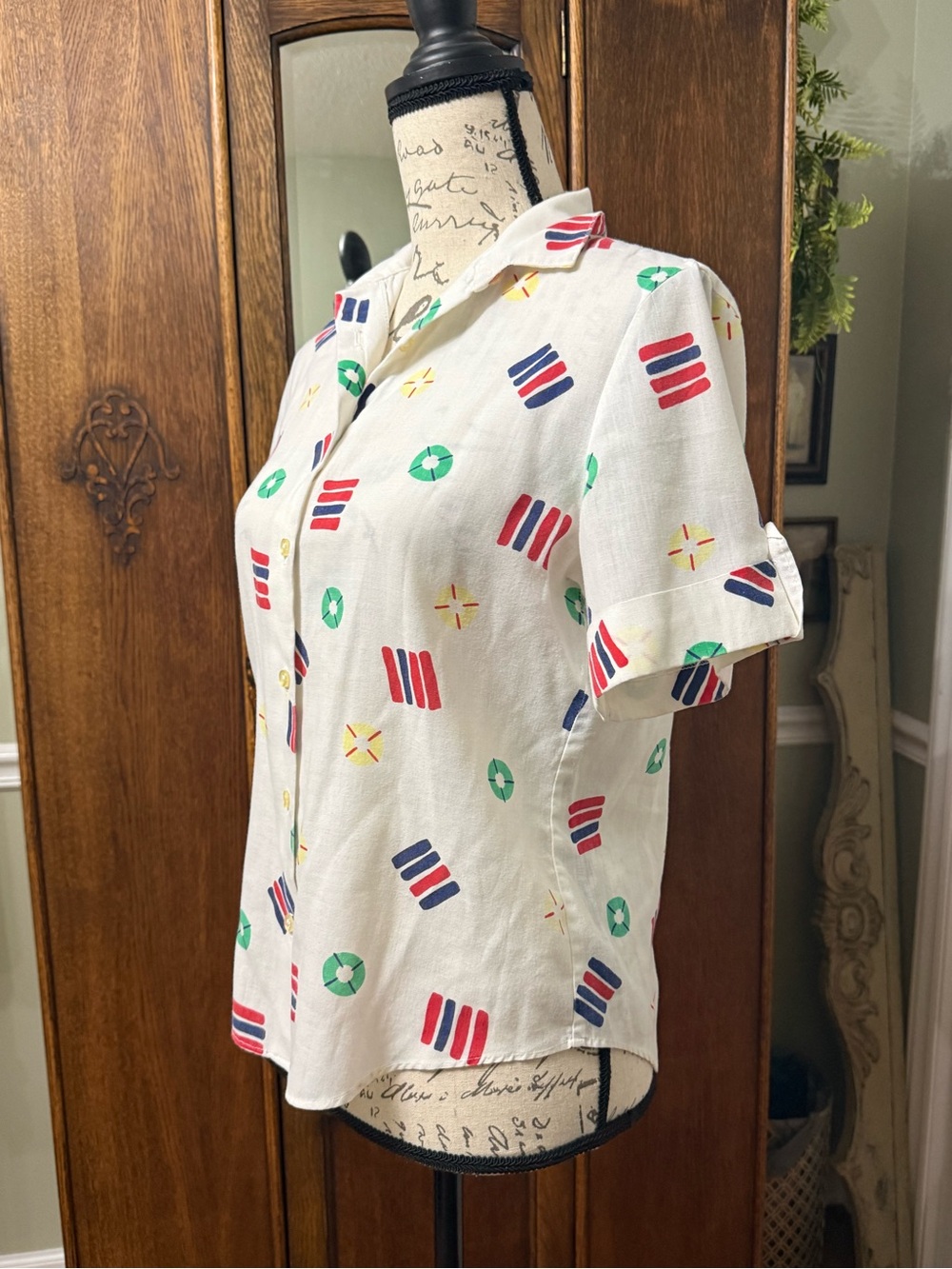 Vintage Russ Art Deco Nautical Motif Button Down Blouse.